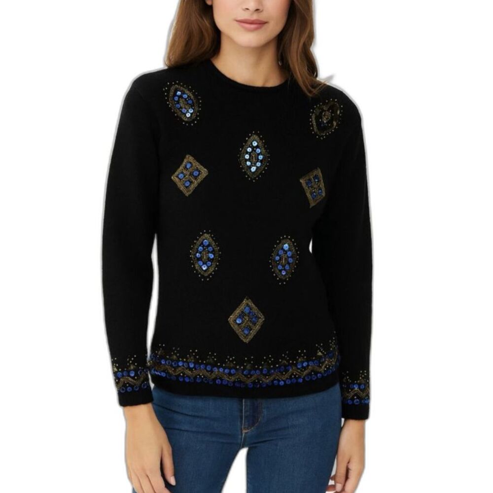 Vintage 80-90s Marnie Womens Black Cotton Blue Gold Beaded LS Tunic Sweater Sz M
